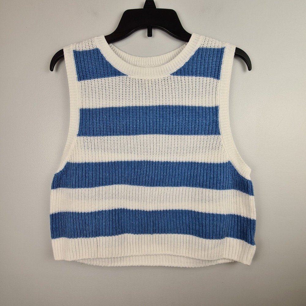 American Eagle Blue White Striped Cropped‎ Sweater Vest Womens Small Knit Top
